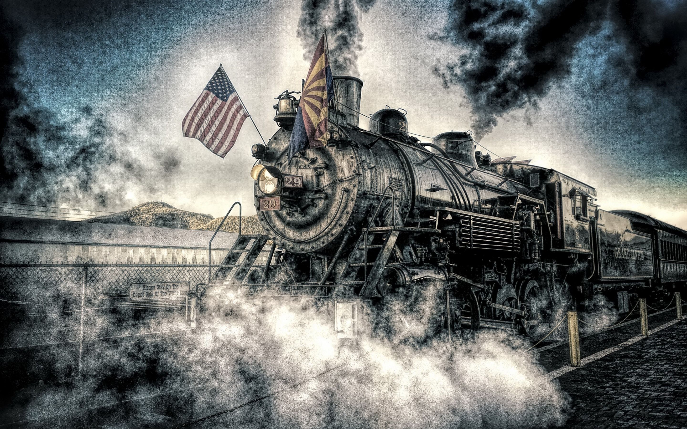 2880x1800 Download wallpaper old steam locomotive, American flag, USA, July railway, US flag for desktop with resolution 2880x1800. High Quality HD picture wallpaper