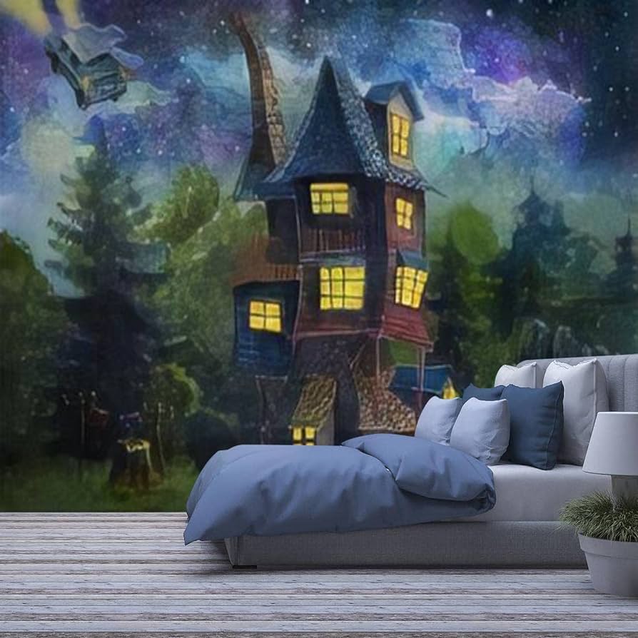 894x894 AFWADFWA Modern 3D Removable Wallpaper Self Adhesive Rons Cozy House On The Edge Of The Forest On A Summer Night A Flying Wall Murals Peel And Stick Wall Stickers For Living Room Bedroom