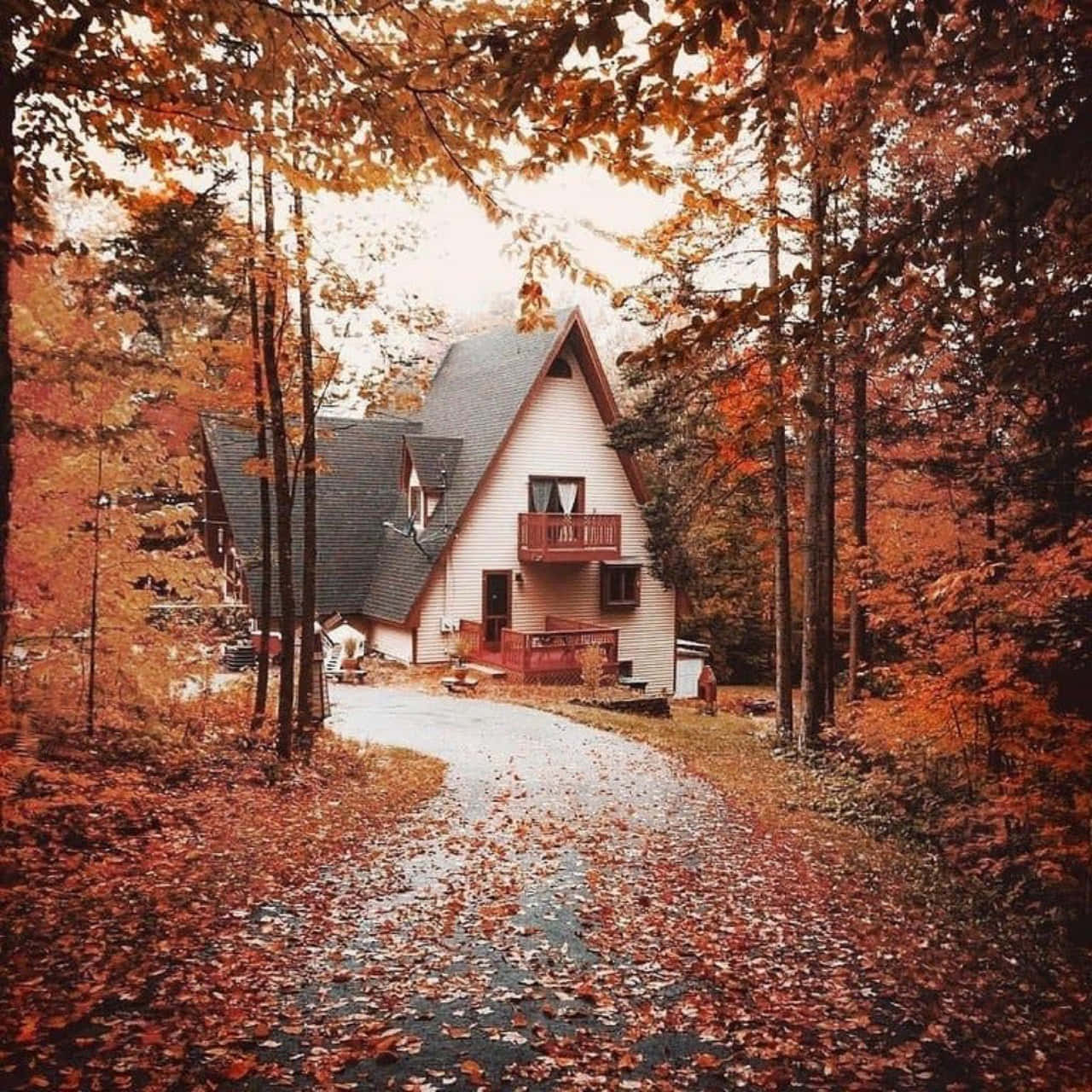 1280x1280 Download Cozy Autumn Aesthetic Cabin House Wallpaper