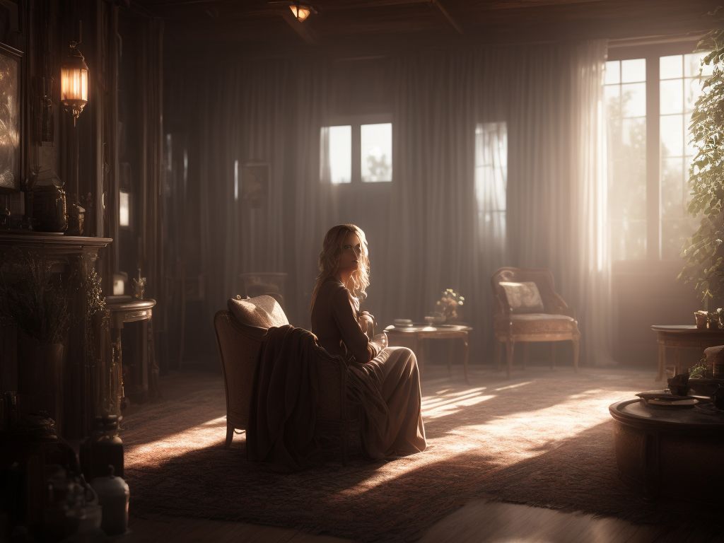1024x768 MShare: Focus on A woman walk in cozy house, sit on chair