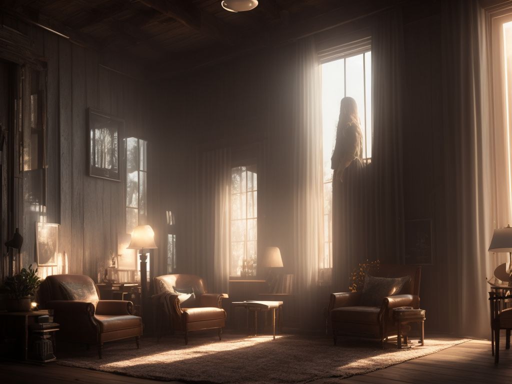 1024x768 MShare: Focus on A woman walk in cozy house, sit on chair