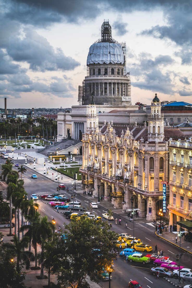 737x1106 The Gran Teatro de La Habana and El Capitolio at sunset, Havana, Cuba, West Indies, Caribbean