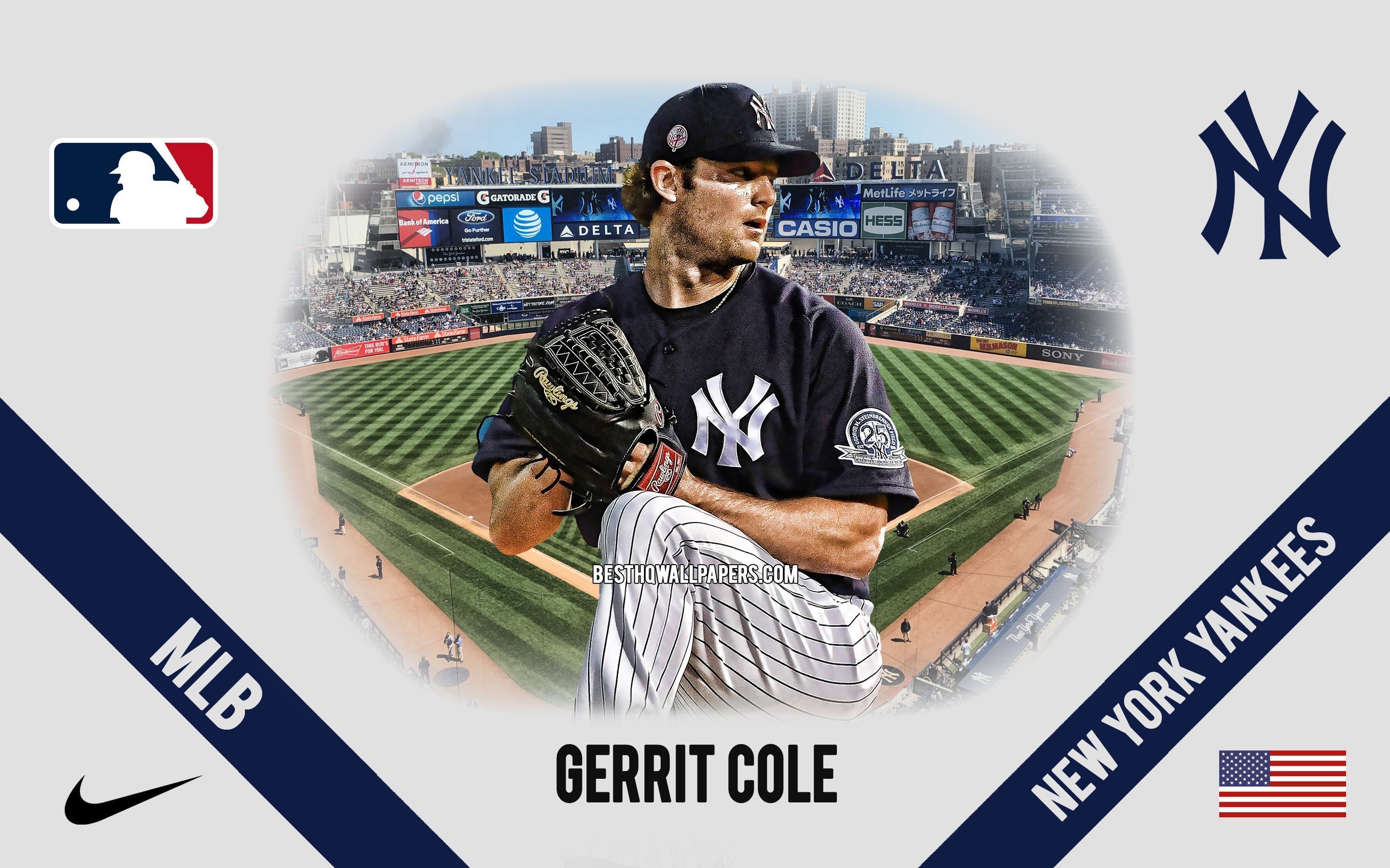 2880x1800 Download wallpaper Gerrit Cole, New York Yankees, American Baseball Player, MLB, portrait, USA, baseball, Yankee Stadium, New York Yankees logo, Major League Baseball for desktop with resolution 2880x1800. High Quality HD picture