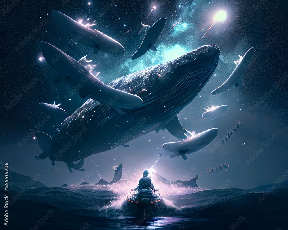 1000x800 whales flying in space Stock Illustration