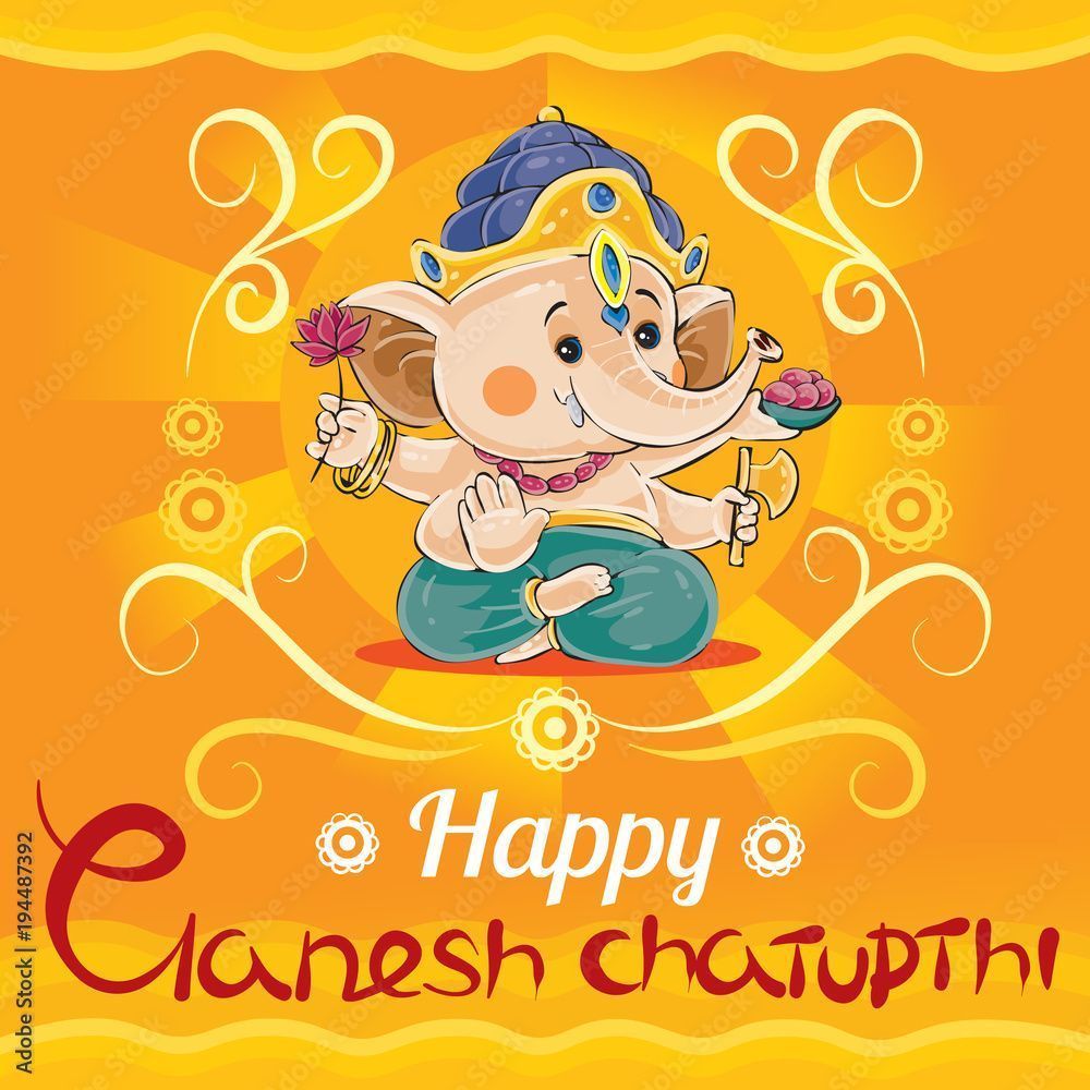 1000x1000 Happy Ganesh Chaturthi, traditional holiday in hinduism vector cartoon illustration. Greeting card with little baby Ganesha, indian god of wisdom and prosperity with elephant head on yellow background Stock Vector