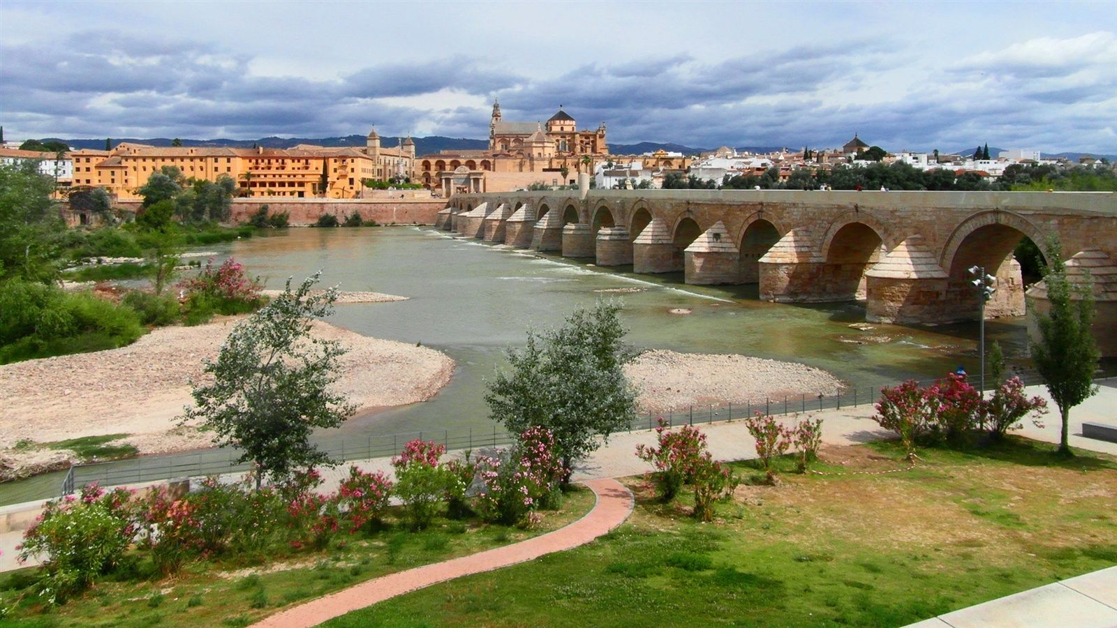 1600x900 Wallpaper Cordoba, Andalusia, Spain, the river Guadalquivir, bridge, house 1920x1080 Full HD 2K Picture, Image