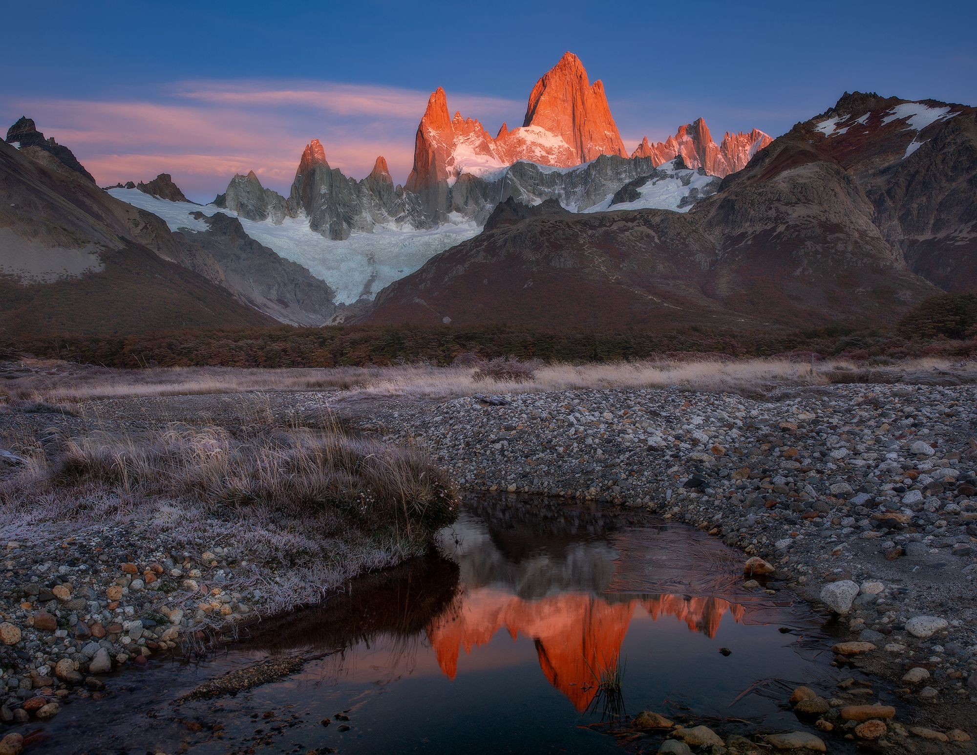 2000x1545 Mountains Fitz Roy El Chalten Patagonia Sunset Rocks Snow Clear Sky Nature Reflection Wallpaper:2000x1545