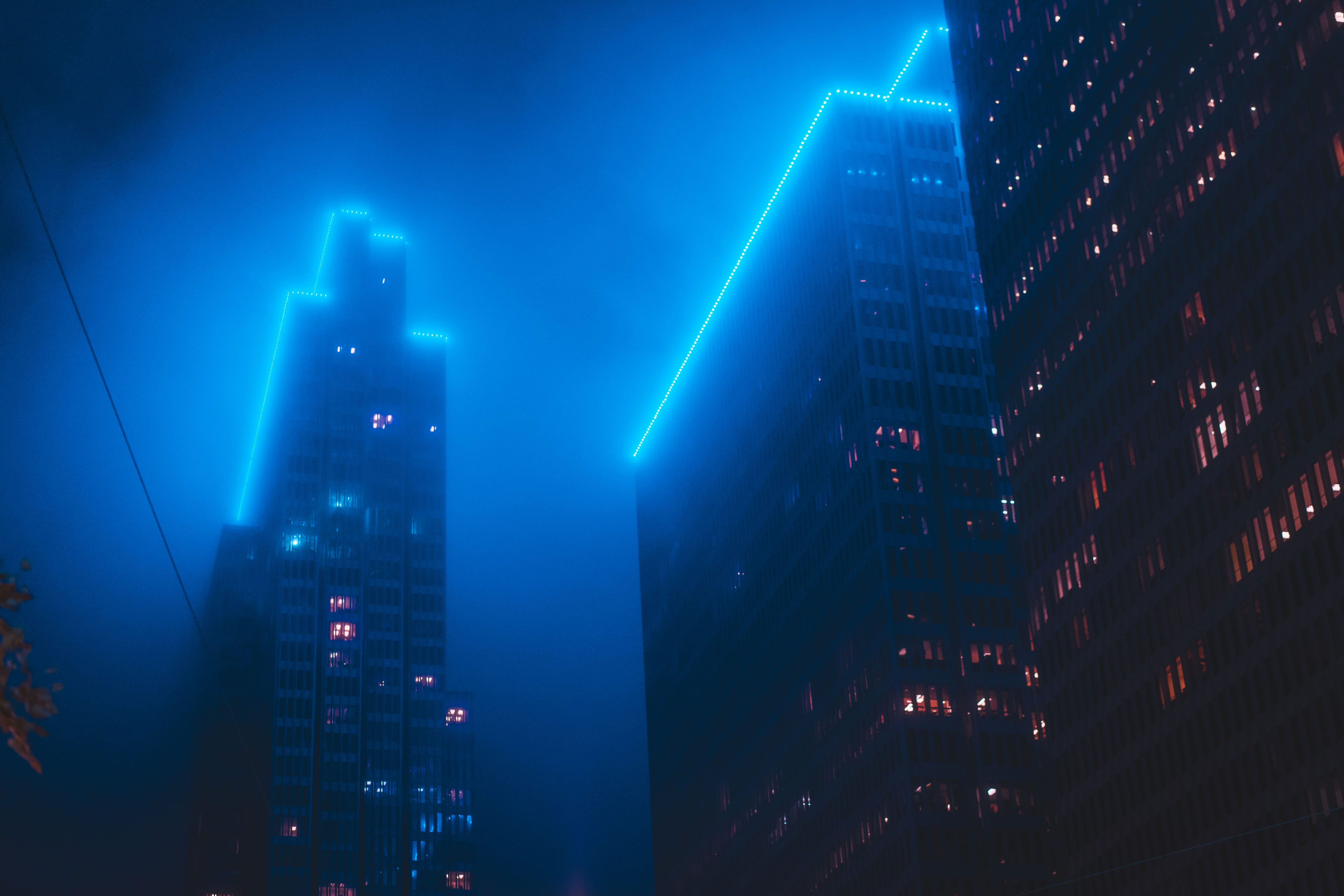5647x3765 Wallpaper Top Lighted High Rise Building, Sky, Blue, Neon