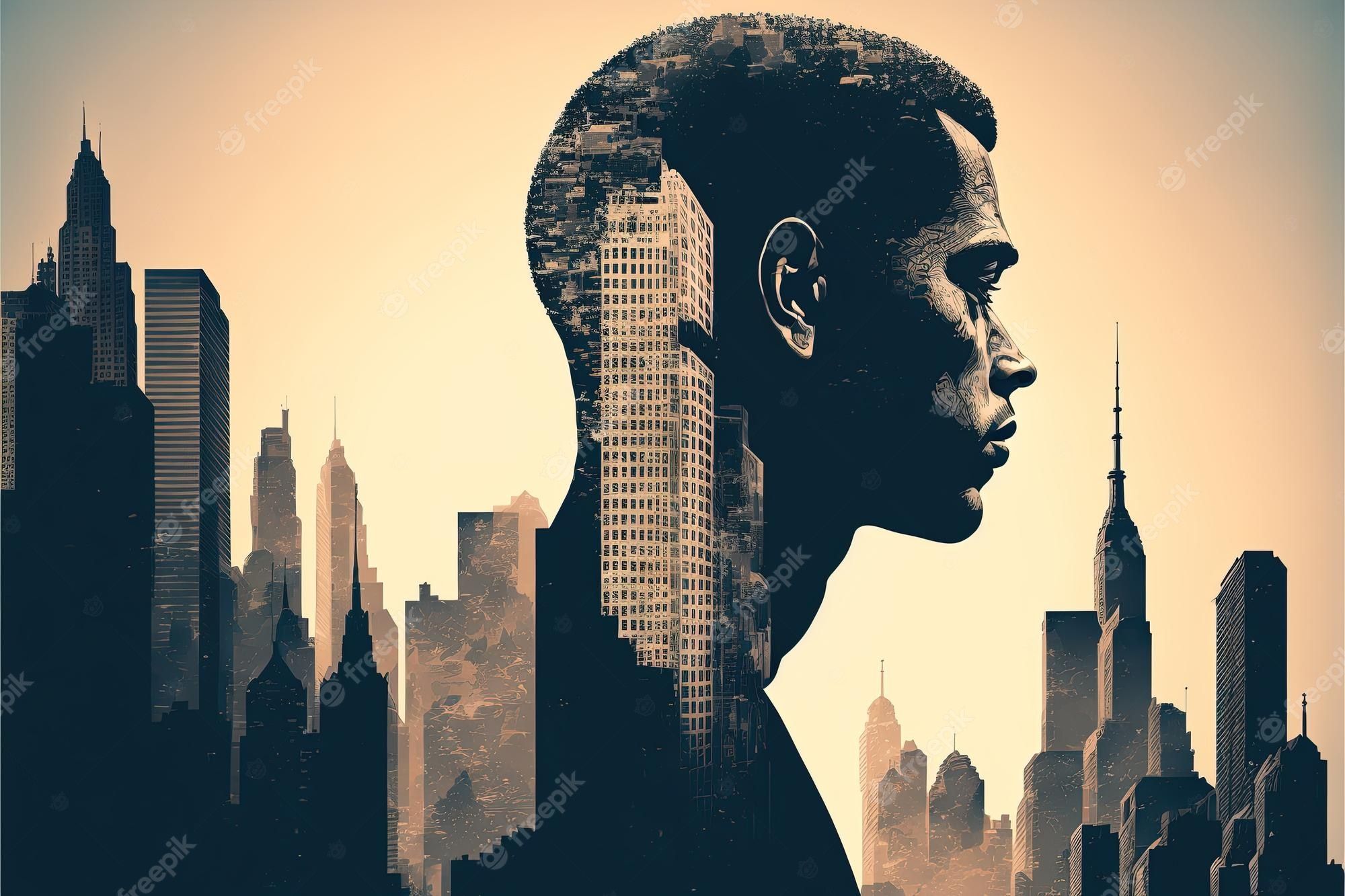 2000x1333 Premium Photo. High resolution illustration human face profile with skyscrapers replacement in multiple exposure styleposter wallpaper metropolis conquer metropolis overcome challenges success business ai