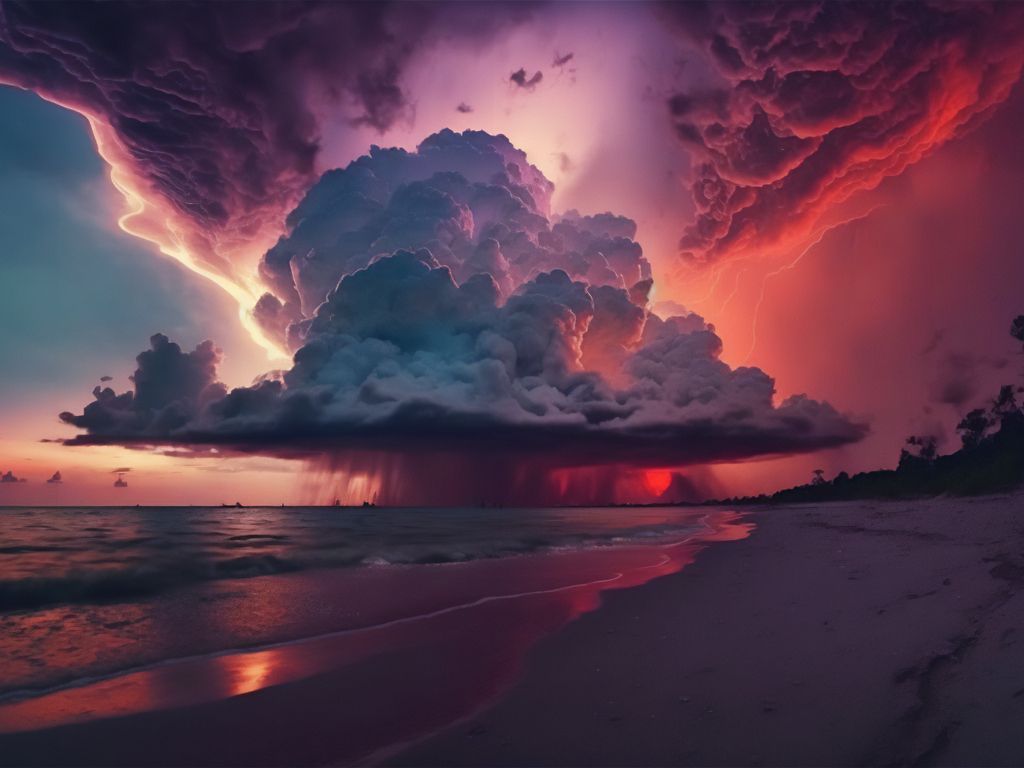 1024x768 Download Thunder cloud, Sea, Beach, Clouds, Storm, AI Art Wallpaper in 1024x768 Resolution