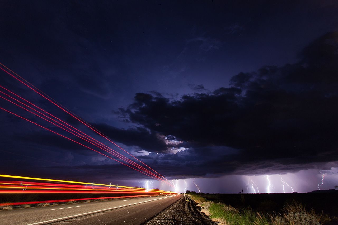 1280x853 image USA Arizona Lightning Thundercloud Nature Sky Roads night