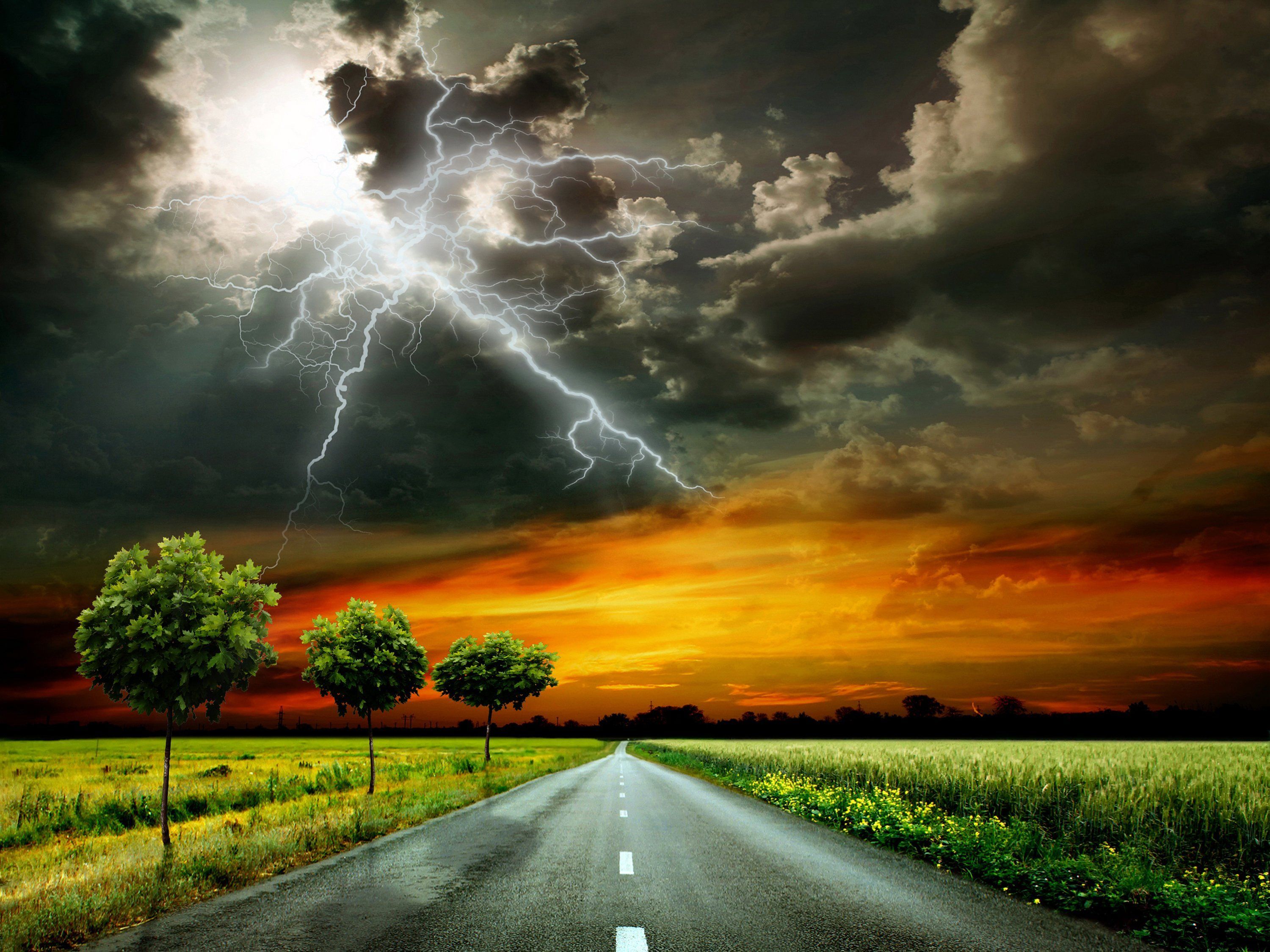 3000x2250 scenery, Roads, Sky, Grass, Clouds, Lightning, Trees, Thundercloud, Nature
