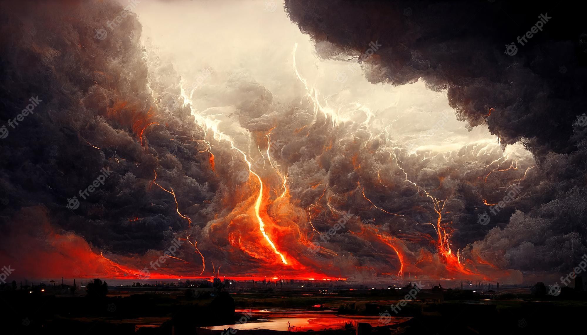 2000x1143 Premium Photo. Thunderclouds flashes of fire and lightning a storm on the horizon natural disaster dramatic landscape