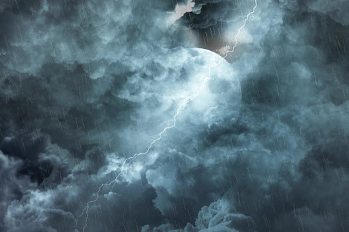 1200x800 Abstract Dark Night Thunder Clouds with Lightning Strikes and Moon, Stock Video