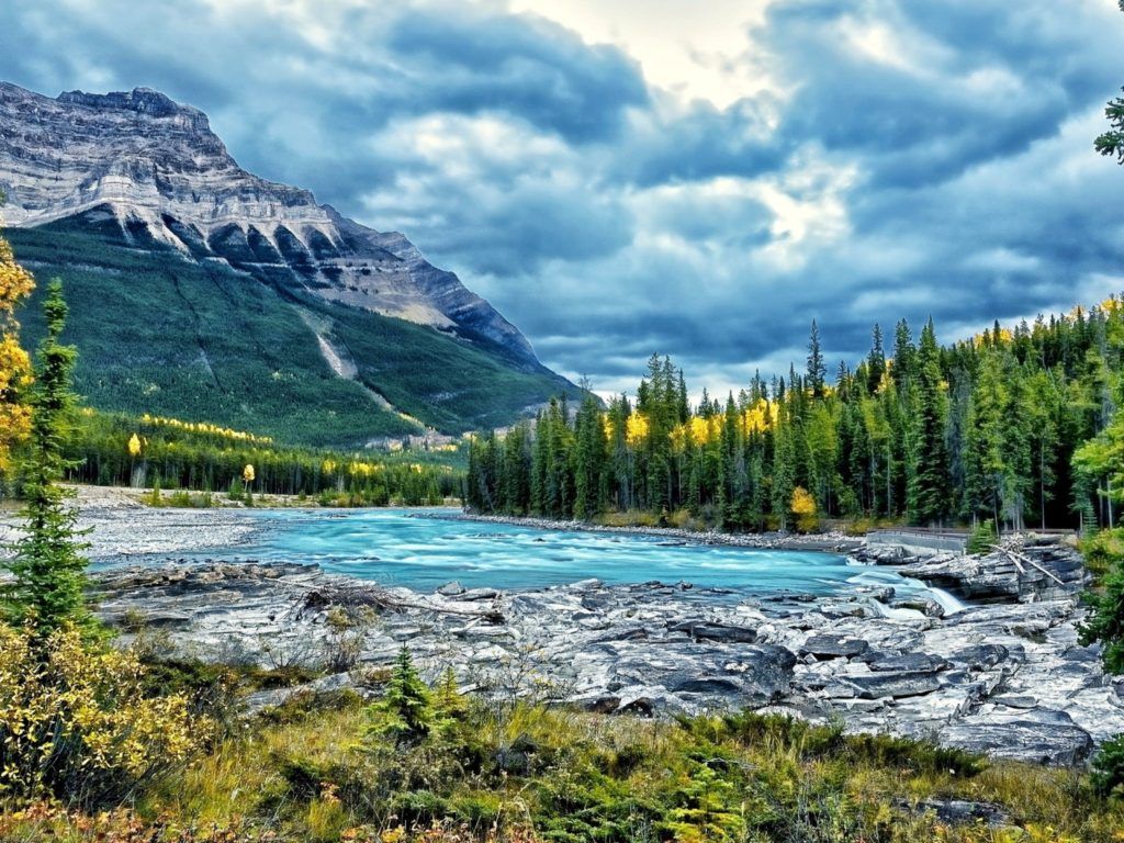 1024x768 Landscape Mountain River Blue Water Forest Cloud Desktop Wallpaper HD Widescreen :