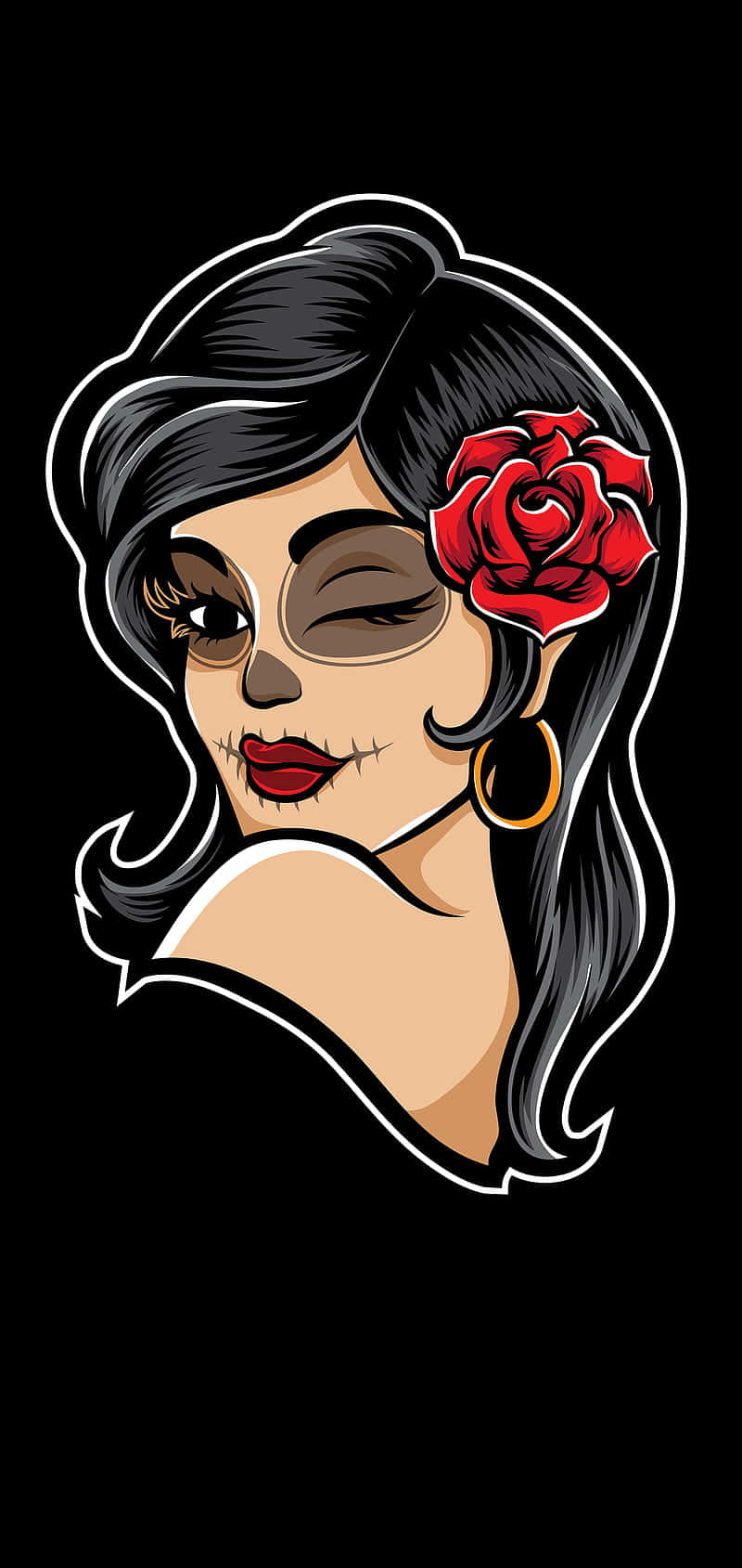 800x1689 Download Cartoon Of A Mexican Woman With A Rose Wallpaper