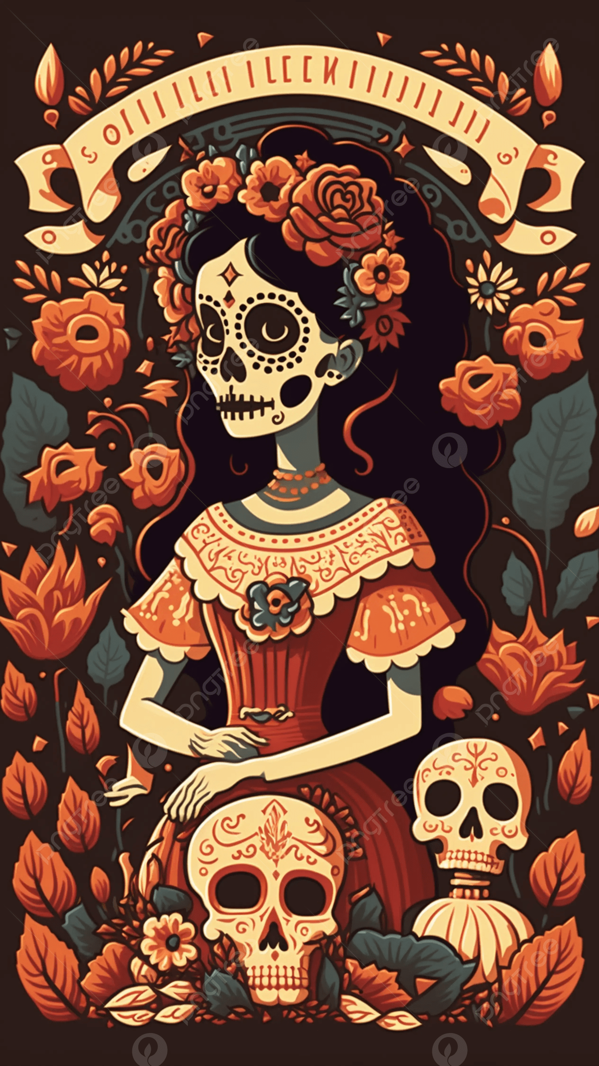 1200x2134 Mexican Day Of The Dead Skull Girl Cartoon Background Wallpaper Image For Free Download
