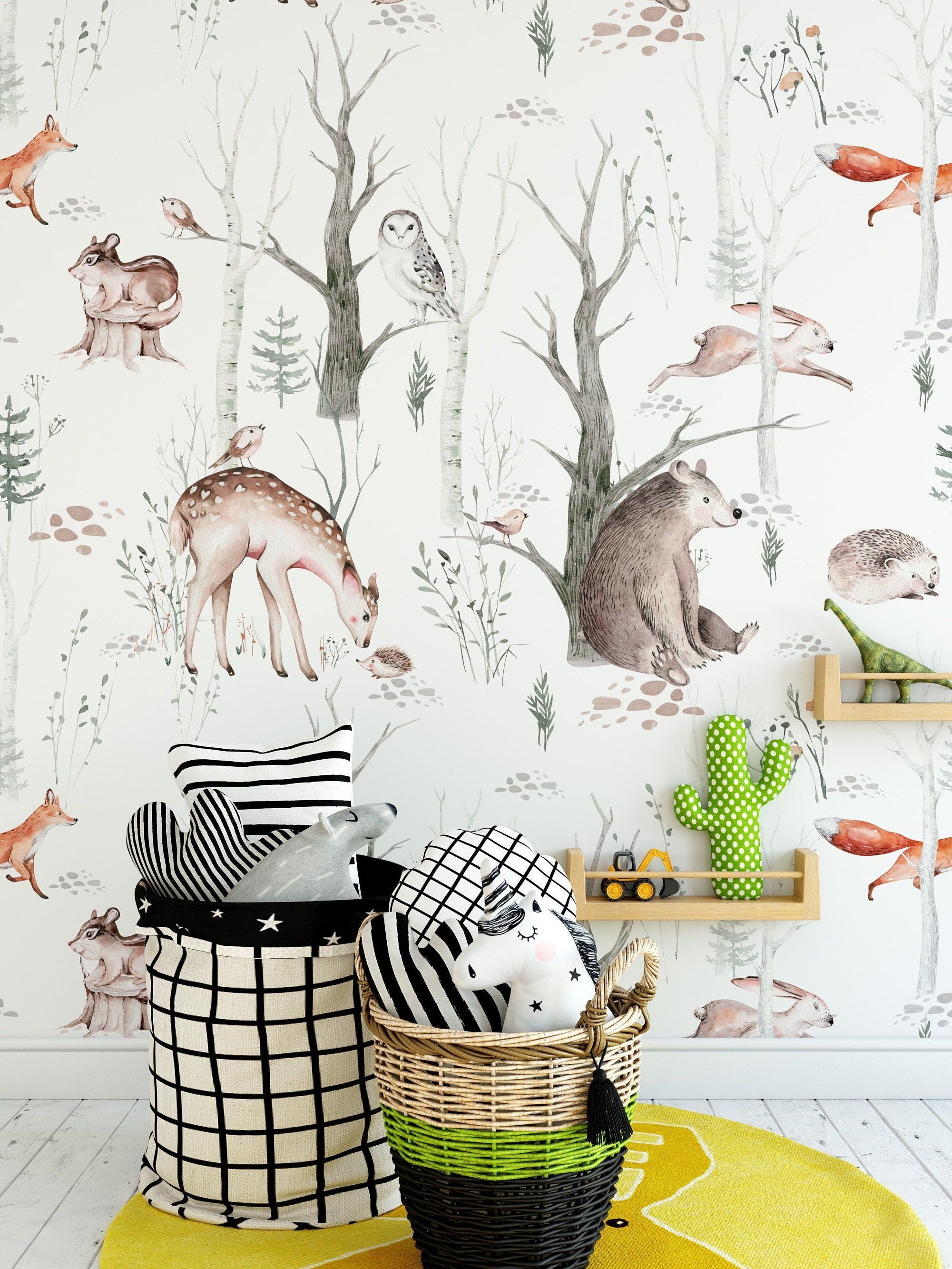 2001x2666 Watercolor Animals Woodland Wallpaper for Nursery Decor Kids