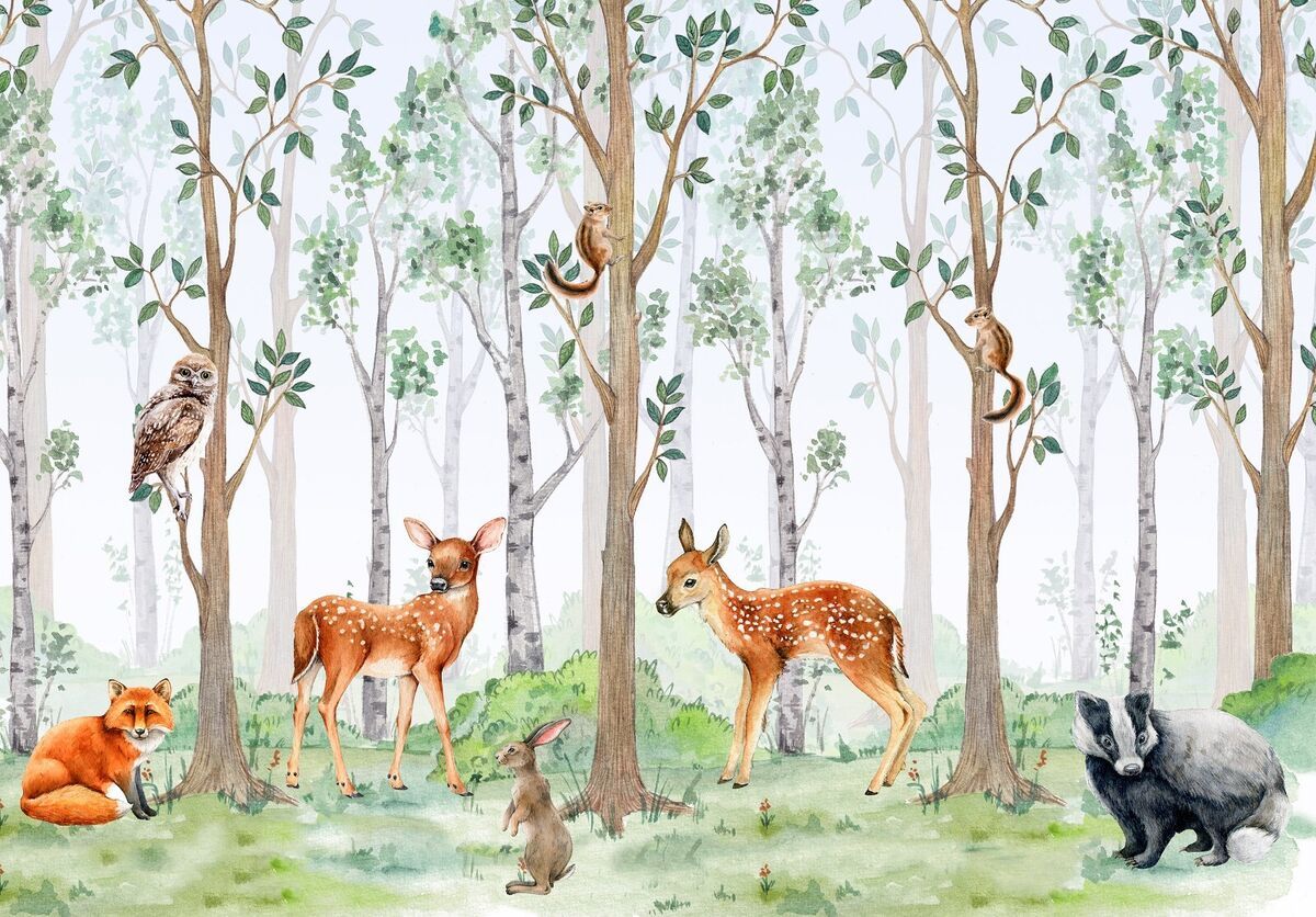 1200x836 3.12x2.19m Wall mural wallpaper bright forest animals cute nursery decoration