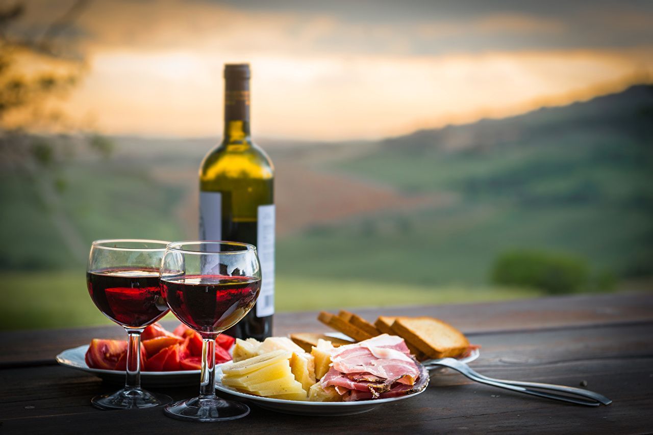 1280x854 Wallpaper Wine Ham Bread Cheese Food Bottle Stemware