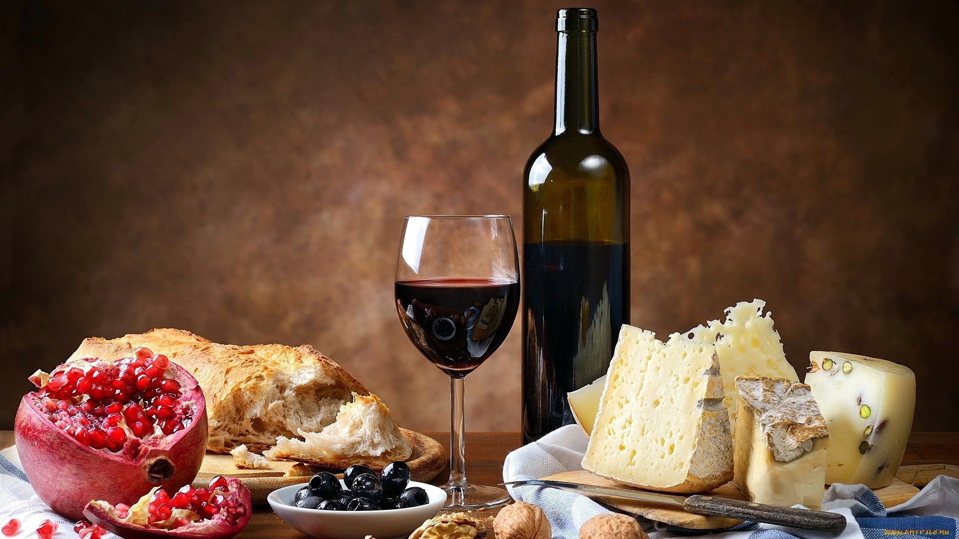 1920x1080 still life, cheese, cutting board, food, bottles, knife, pomegranate, olives, wine, bread Gallery HD Wallpaper