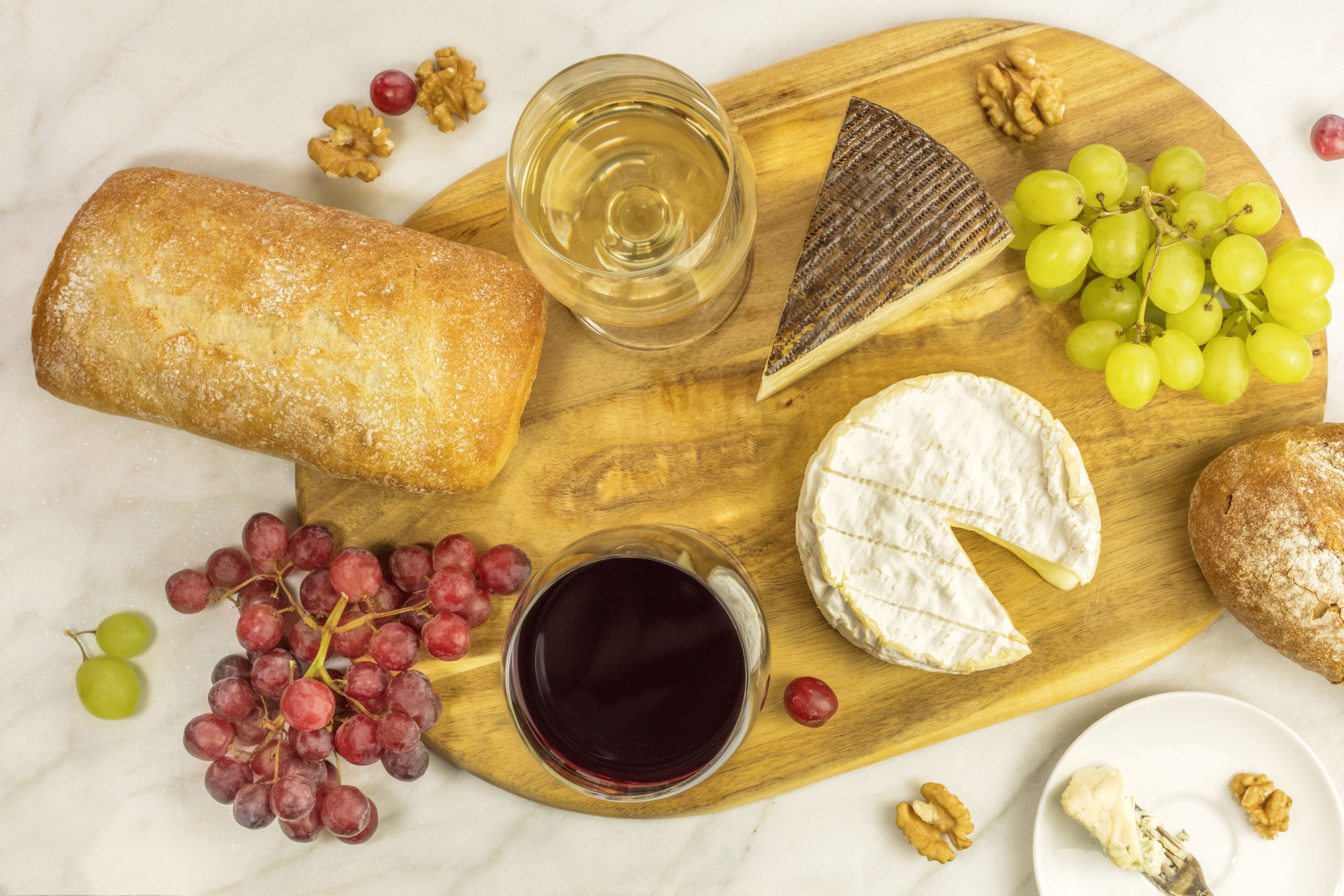 5000x3333 HD desktop wallpaper: Food, Cheese, Grapes, Still Life, Fruit, Bread, Wine download free picture