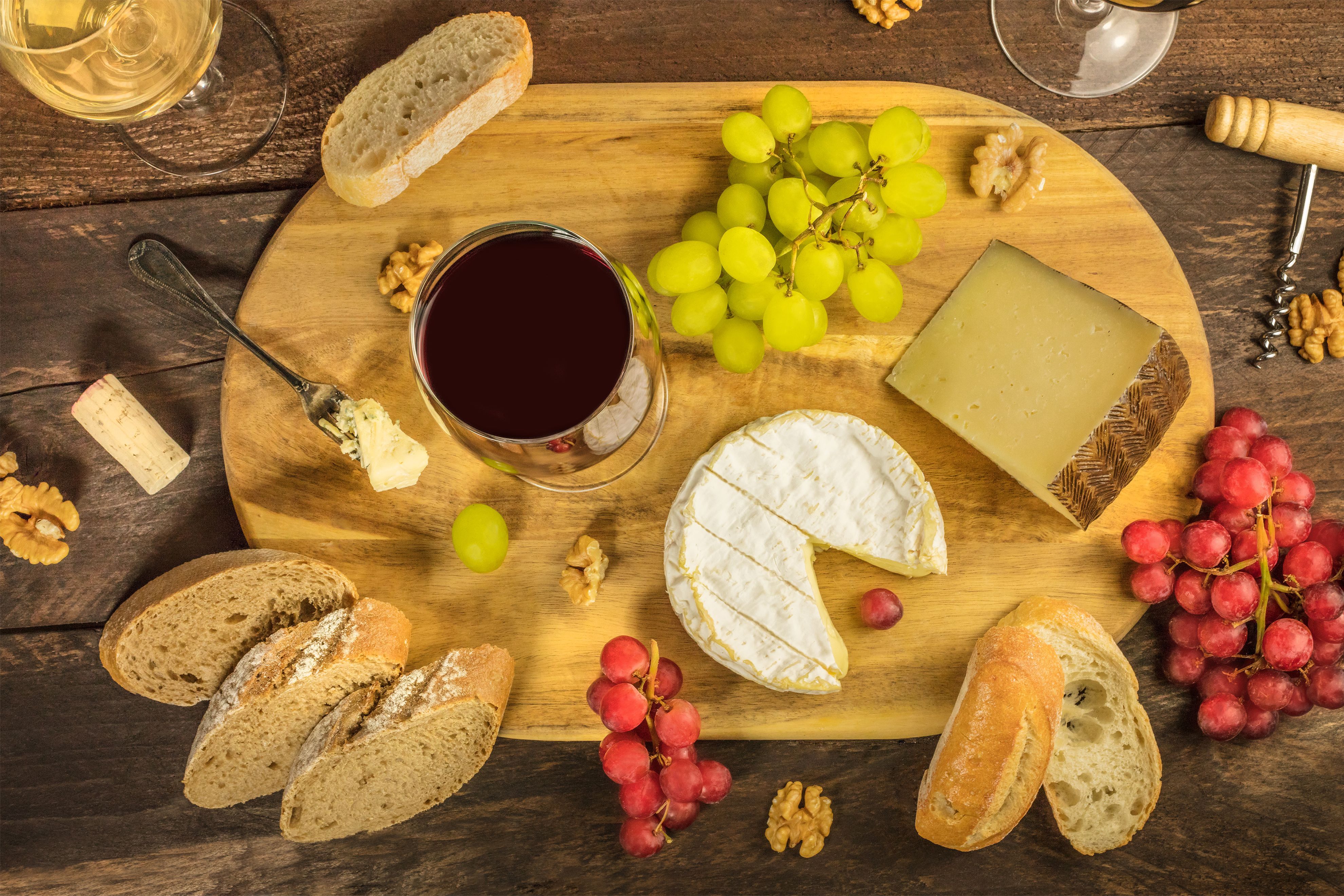 3960x2640 Wine, cheese, grapes and baguette on the table Desktop wallpaper 1920x1080
