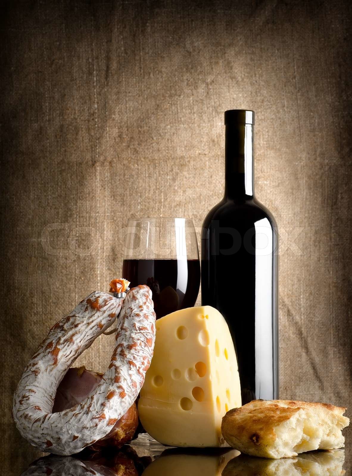 1182x1600 Wine and sausage, bread on an old canvas