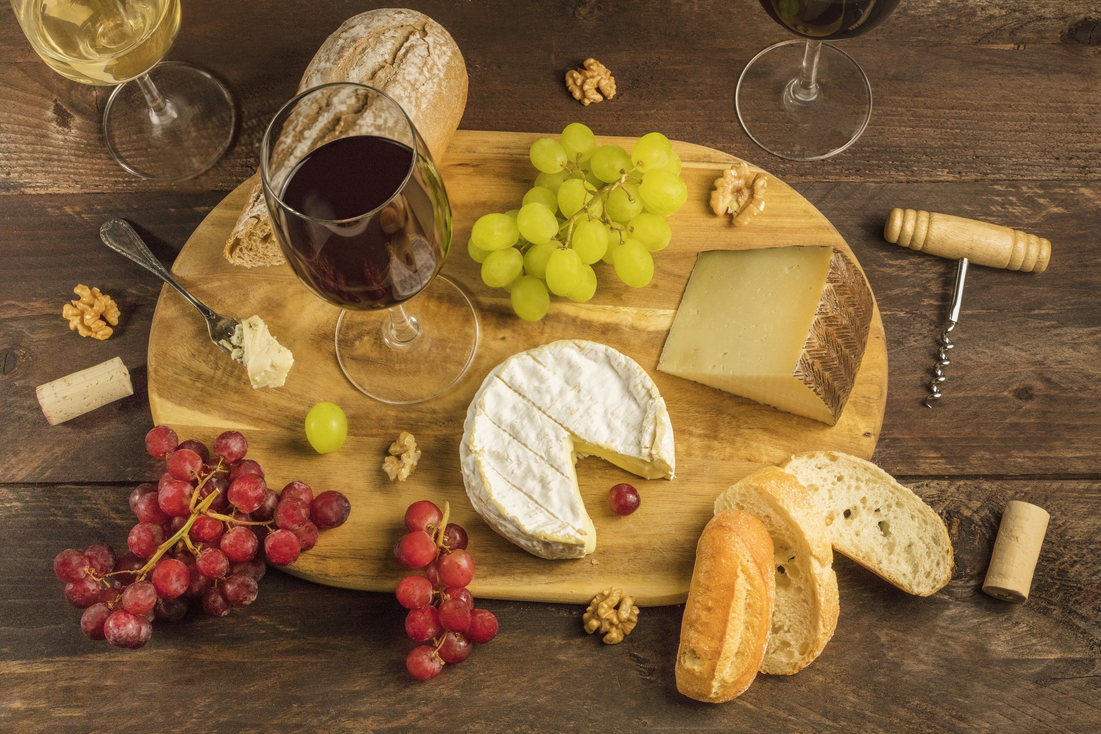 3750x2500 Wine, Bread, Cheese, Grapes, Nuts, Cutting board, Stemware Gallery HD Wallpaper