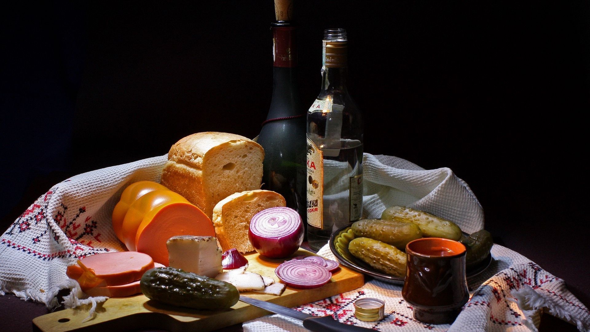 1920x1080 Download wallpaper 1920x1080 bread, pickles, sausages, drinks full hd, hdtv, fhd, 1080p HD background