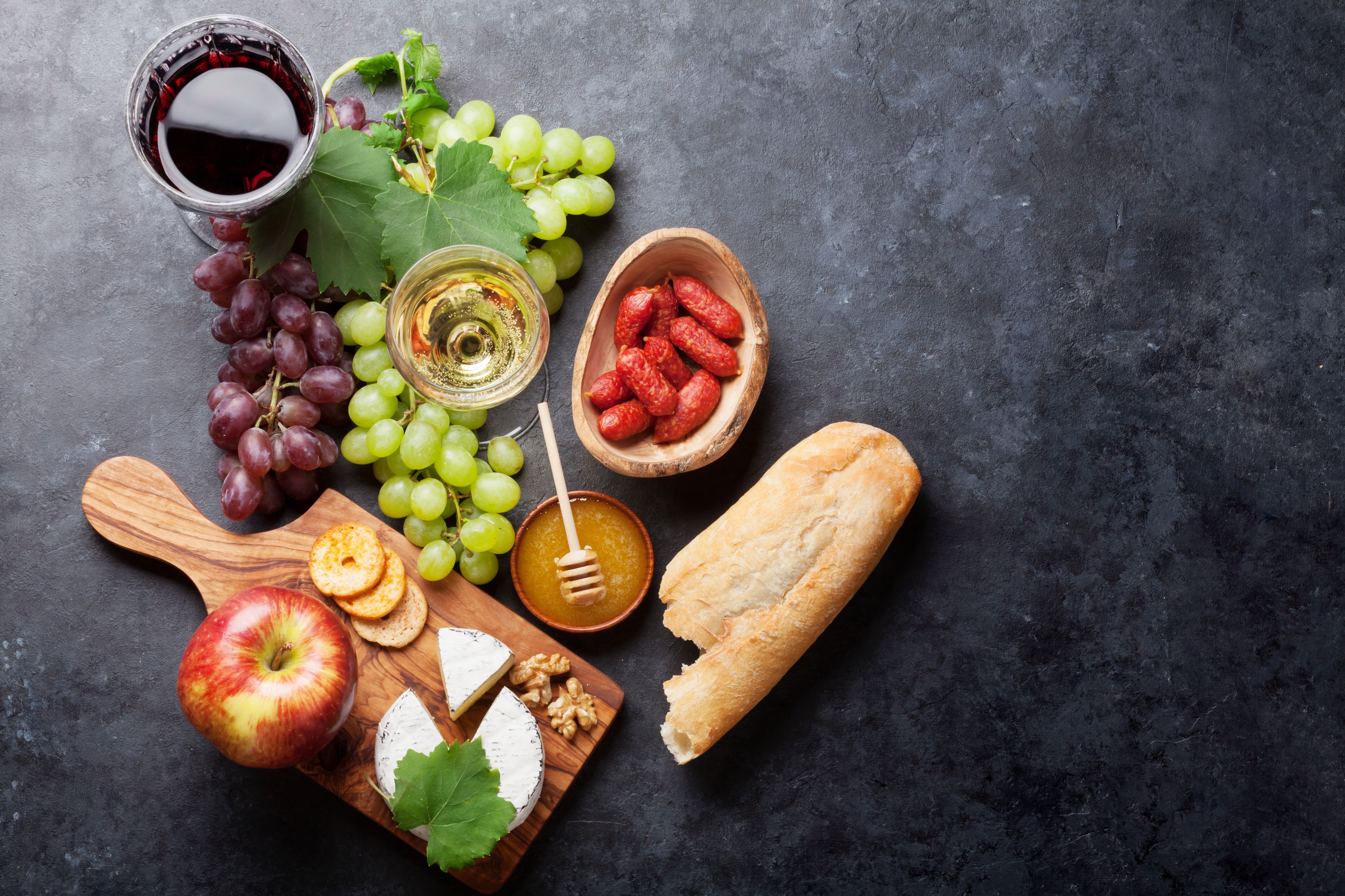 5616x3744 HD desktop wallpaper: Food, Apple, Cheese, Grapes, Still Life, Honey, Bread, Wine download free picture