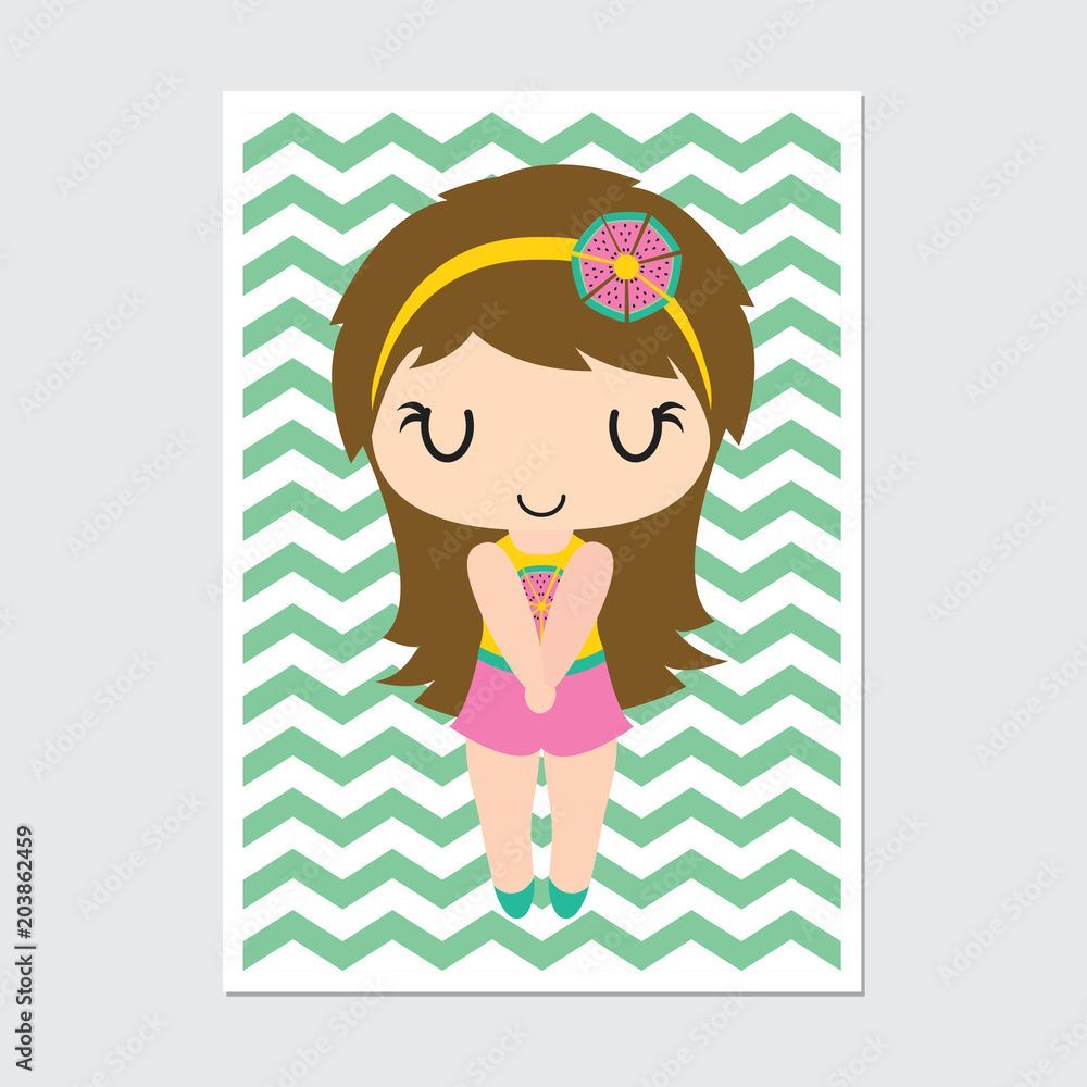 1000x1000 Cute girl wears swimsuit on chevron background vector cartoon illustration for baby nursery wall, wallpaper and postcard Stock Vector