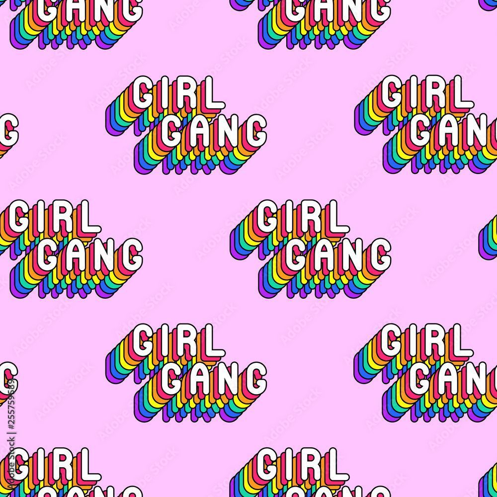 1000x1000 Seamless Pattern With Rainbow Colored Words “Girl Gang” Isolated On Pink Background. Text Patches Vector Wallpaper. Fun Cartoon, Comic Style Design Template. Stock Vector