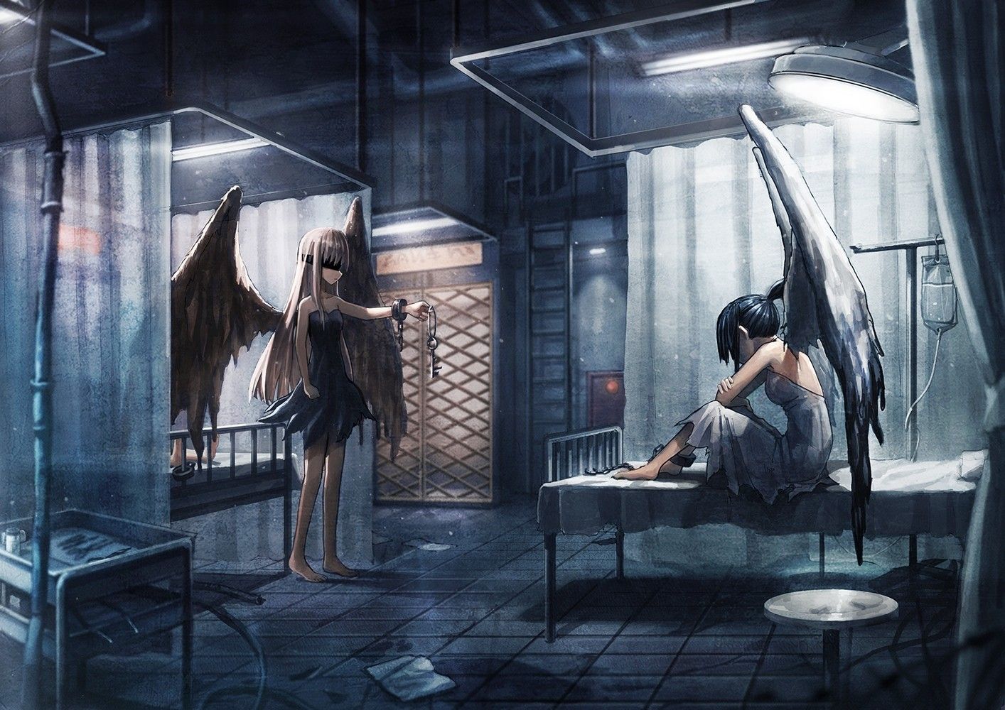 1414x1000 barefoot, two women, long hair, angel, hospital, anime girls, wings, anime, blindfold, dress, fantasy artx1000 Wallpaper