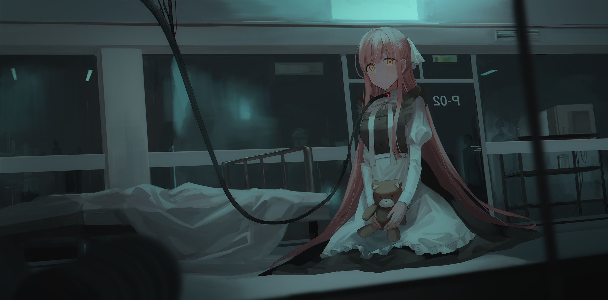 2500x1236 Download wallpaper look, girl, toy, art, bear, hospital, cyborg, nurse, cord, chihuri section art in resolution 2500x1236
