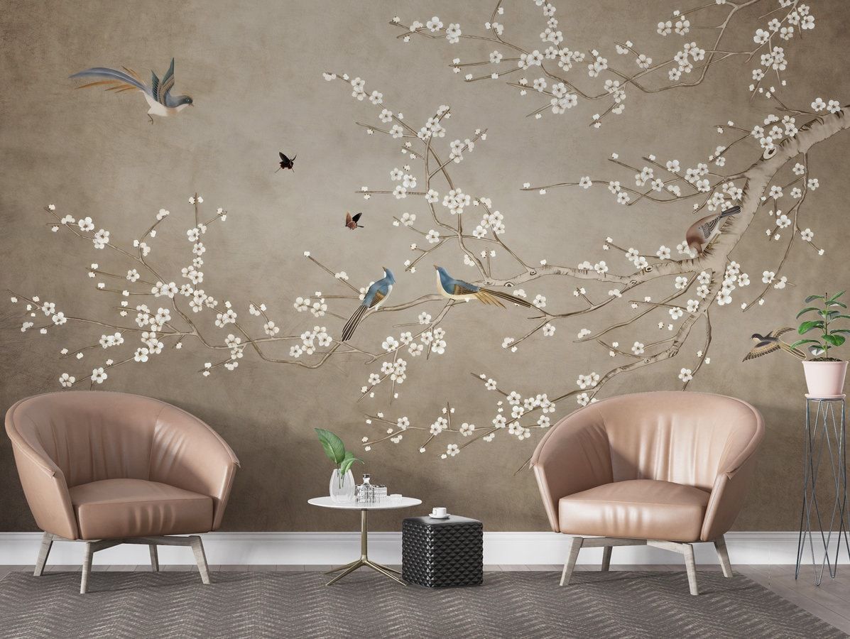 1197x900 Brown Chinoiserie Wallpaper Flowers and Birds Mural