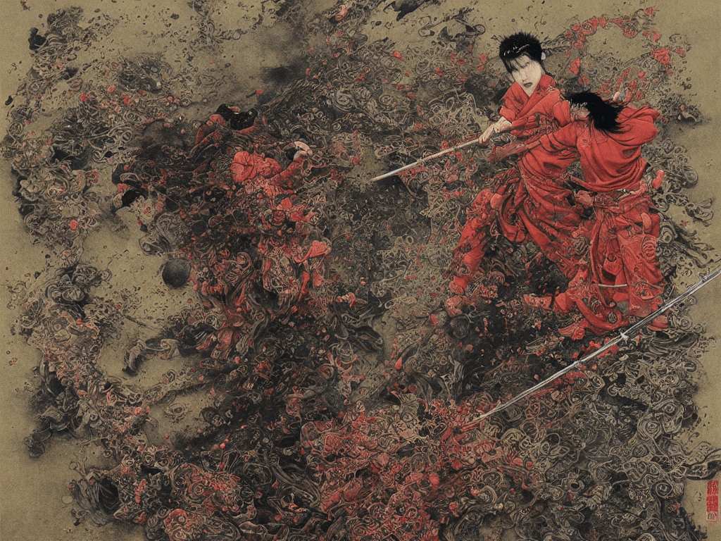 1024x768 prompthunt: japanese schoolgirl runs away from samurai with a katana on the subway, high detailed beksinski painting, part by adrian ghenie and gerhard richter. art by takato yamamoto. deep colours