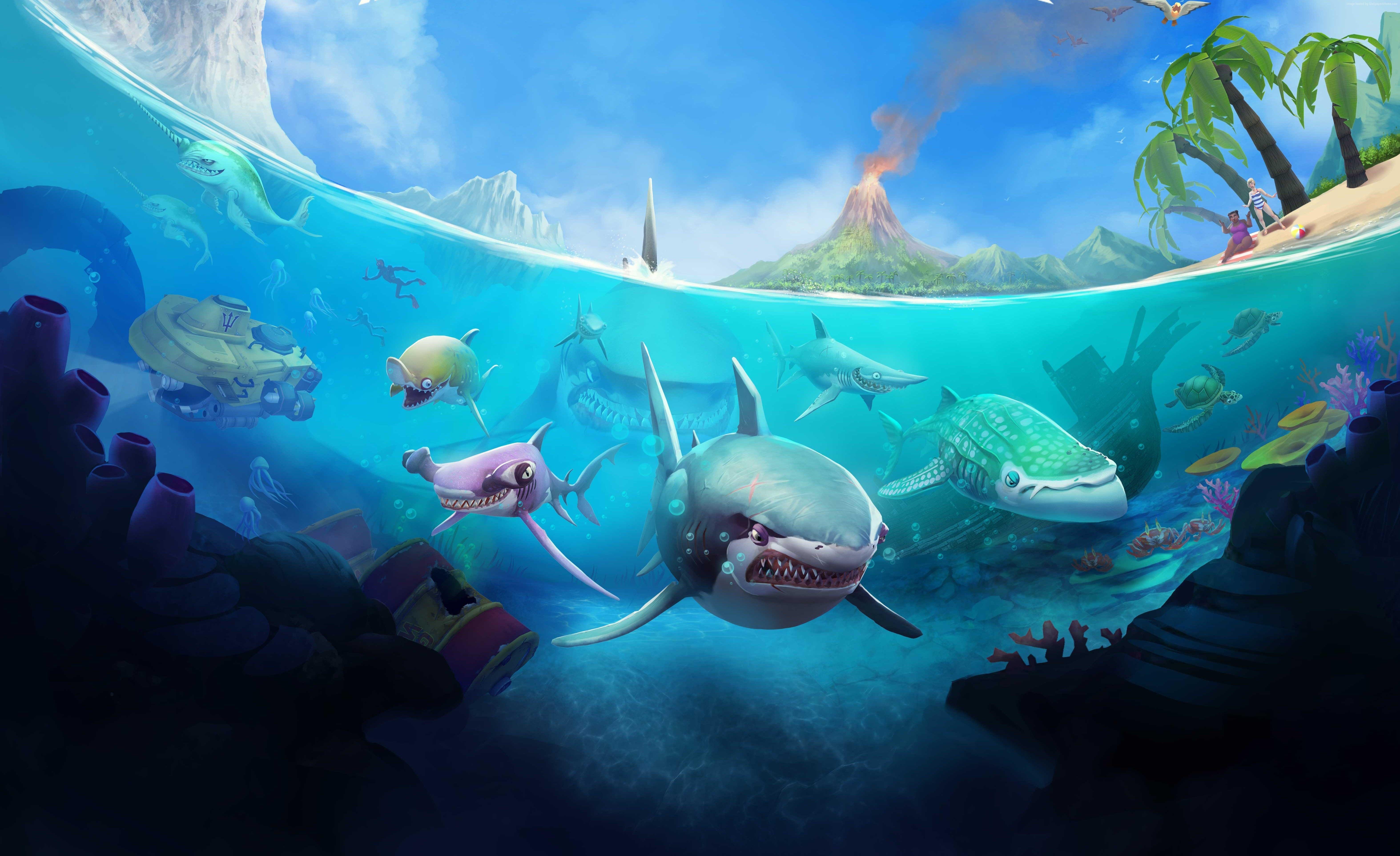 6296x3852 خلفية Hungry Shark World ، iOS ، Android ، سمك القرش ، ألعاب