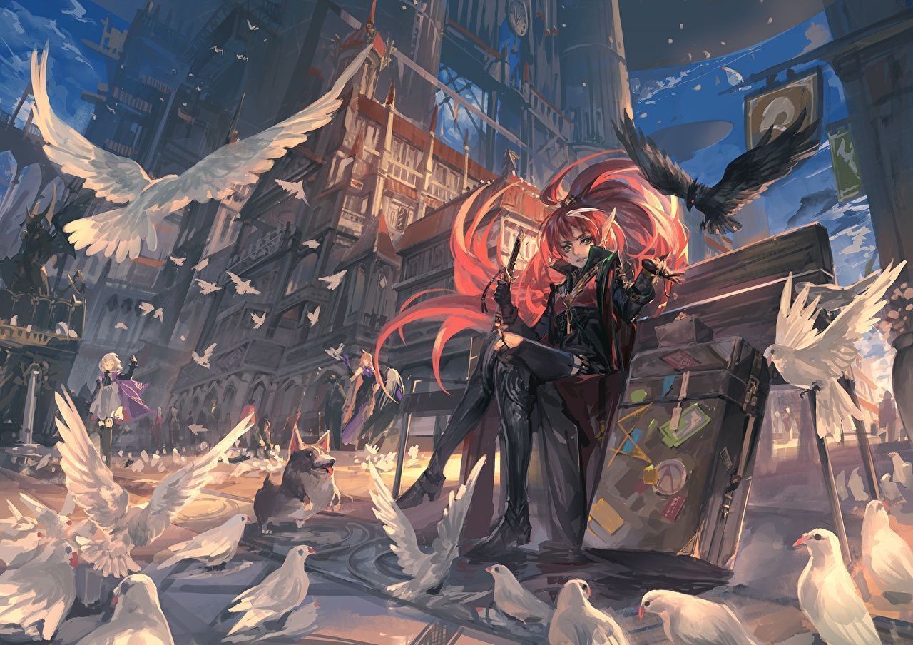 1280x904 Image Birds Pigeons pixiv fantasia, fallen kings Anime Girls Street