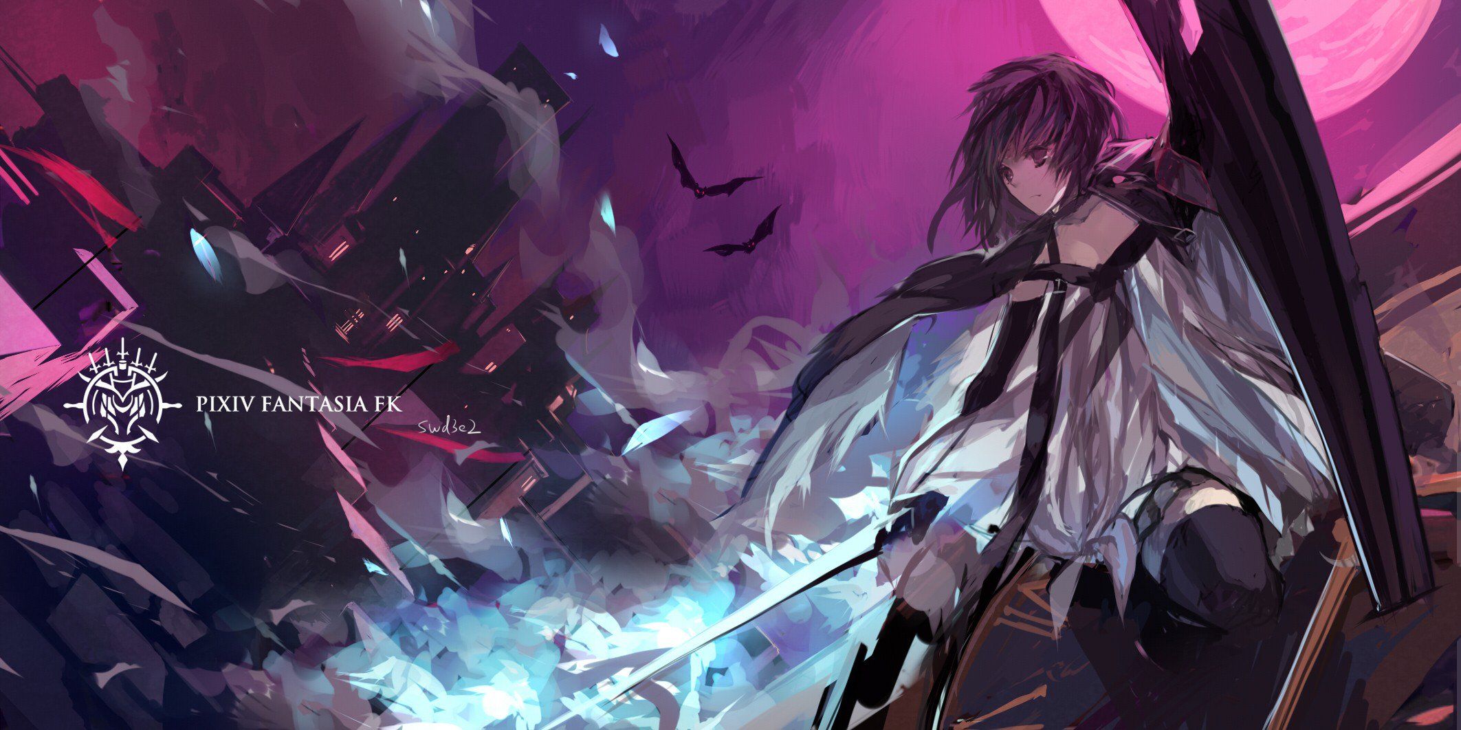 2125x1062 RandomBoard a X: #wallpaper #swd3e #original characters, #pink eyes, #anime girls, #Pixiv Fantasia, #black hair, #Paradise (pffk) / X