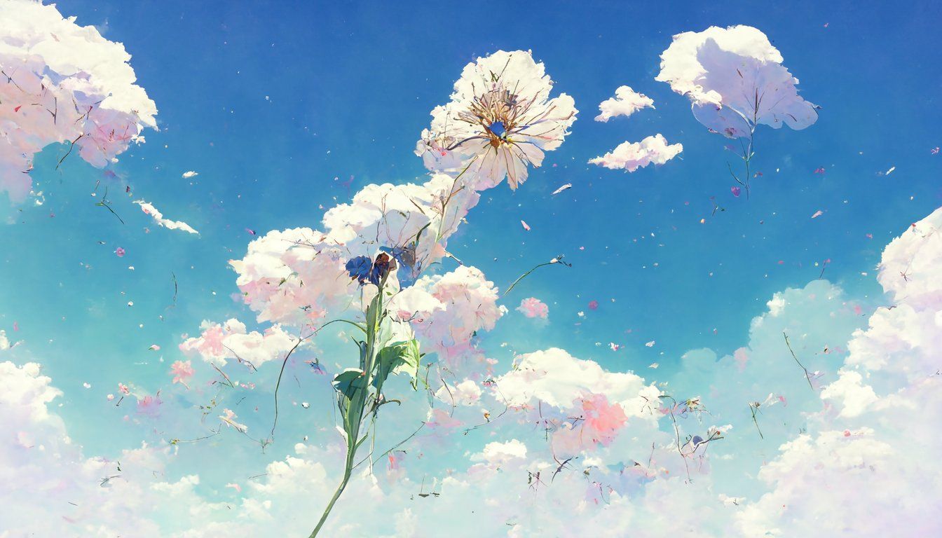 1344x768 prompthunt: some flowers closed to a river, a city far away, blue sky with white cloud, beautiful summer day, Anime key visual, pixiv, Animation Concept Art, masterpiece, 4k wallpaper