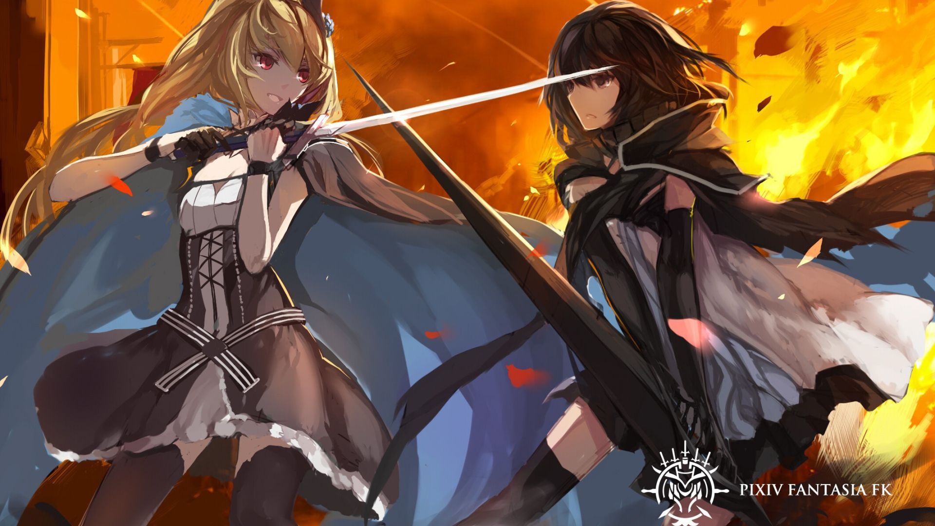 1920x1080 Two girls on a background of fire, anime Pixiv Fantasia Desktop wallpaper 1920x1080