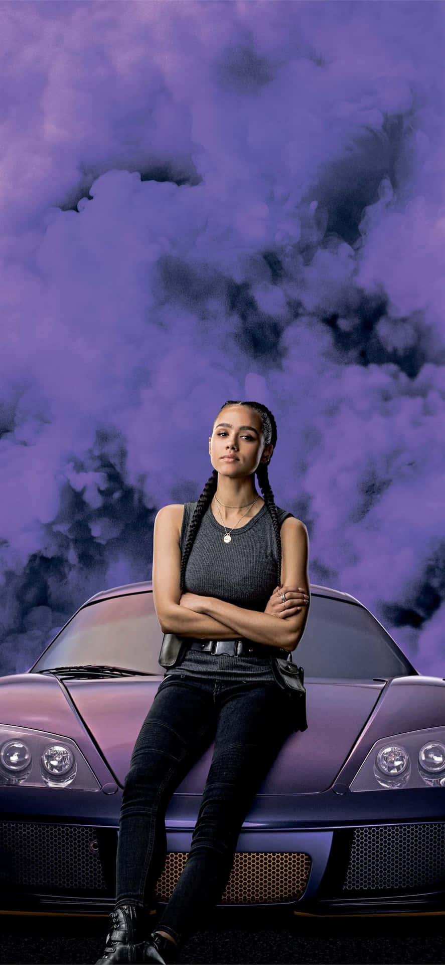 887x1920 Download A Woman Sitting On Top Of A Purple Sports Car Wallpaper
