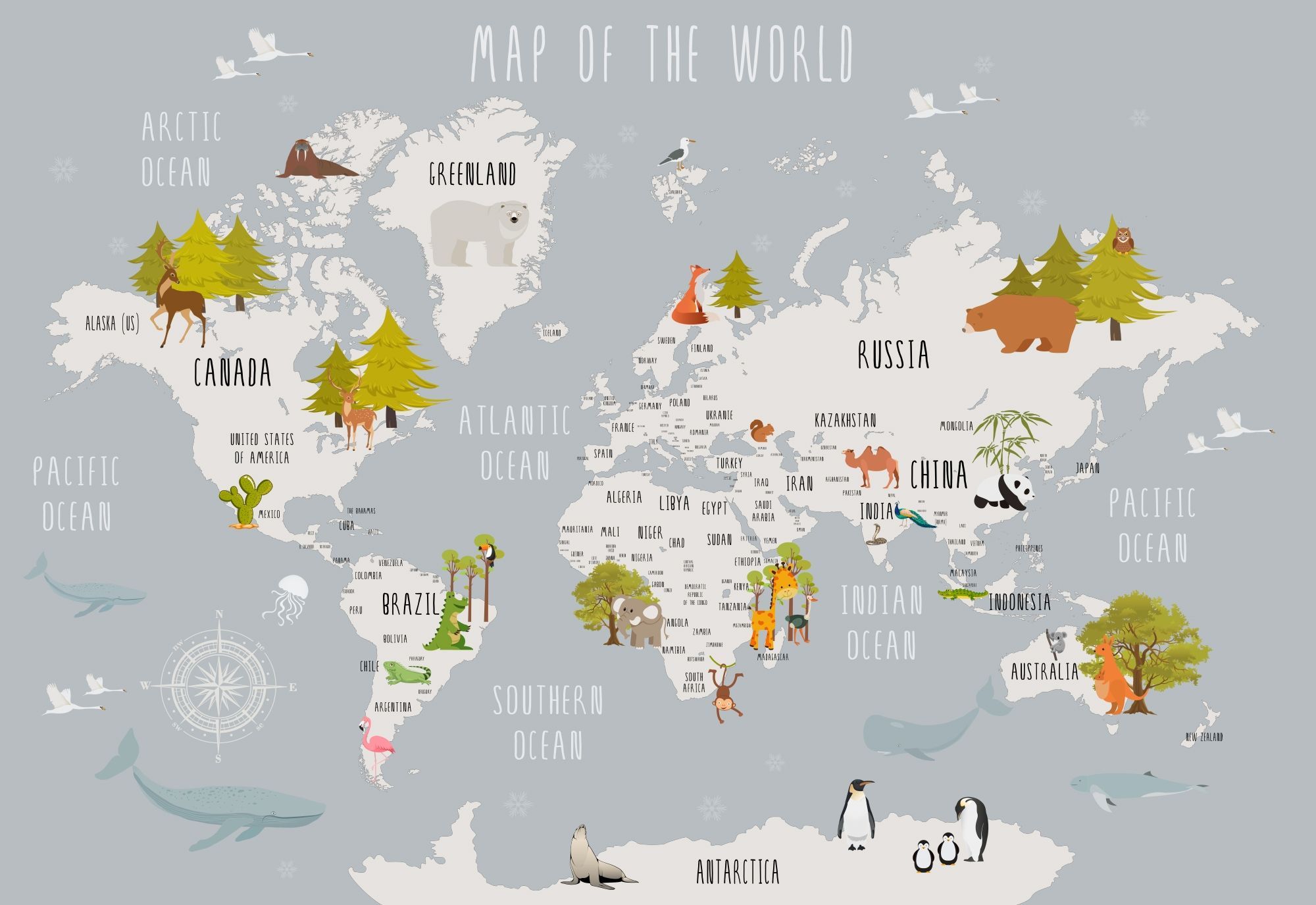 2000x1375 Kids World Map with Cartoon Animals Wallpaper Mural • Wallmur®