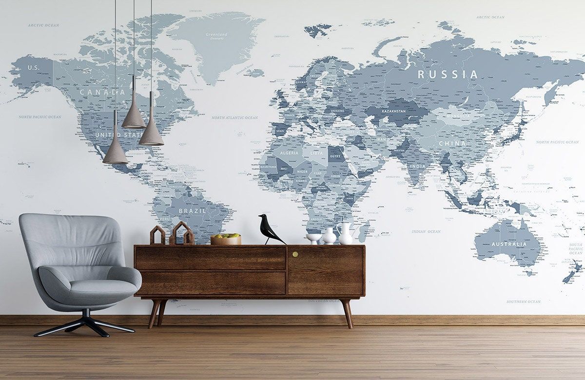 1200x780 White Grey Executive World Map Wallpaper Mural With