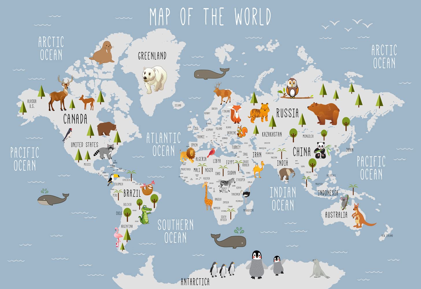 1457x1000 MFWFM World Map Mural Wallpaper Children Map with Animal Wall Mural for Nursery Geography Wall Decor (Not Peel n' Stick)