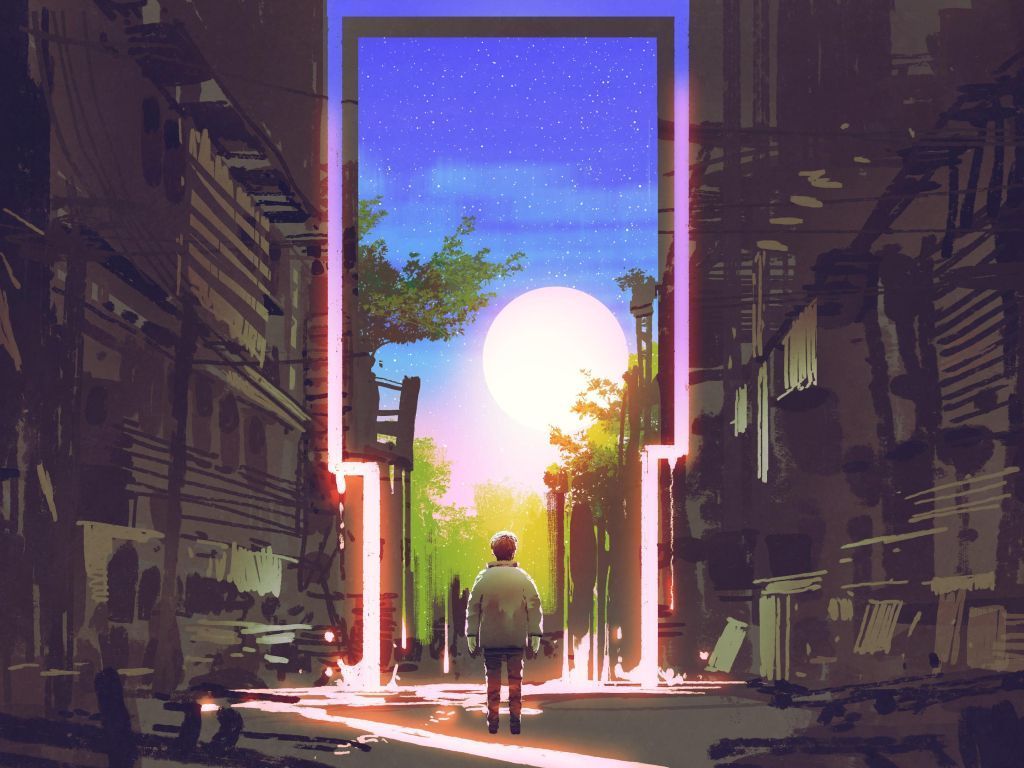 1024x768 Young Boy Standing in an Abandoned City Looking at the Magic Gate wallpaper in 1024x768 resolution