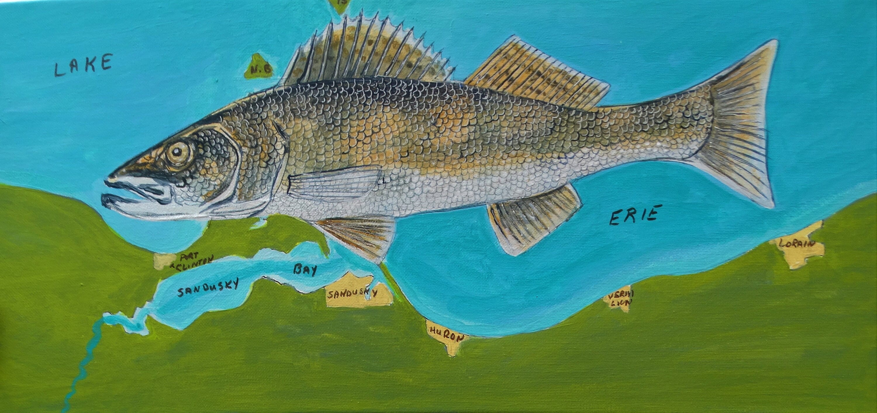 3000x1413 Western Basin Walleye original Acrylic Painting Fish Wall