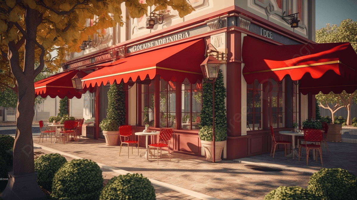 1200x673 French Style Restaurant With Red Awnings Background, 3D Illustration Of A Cozy Cafe, Tea Or Coffee Shop With A Red Awning And Trees And Lantern, HD Photography Photo Background Image And Wallpaper