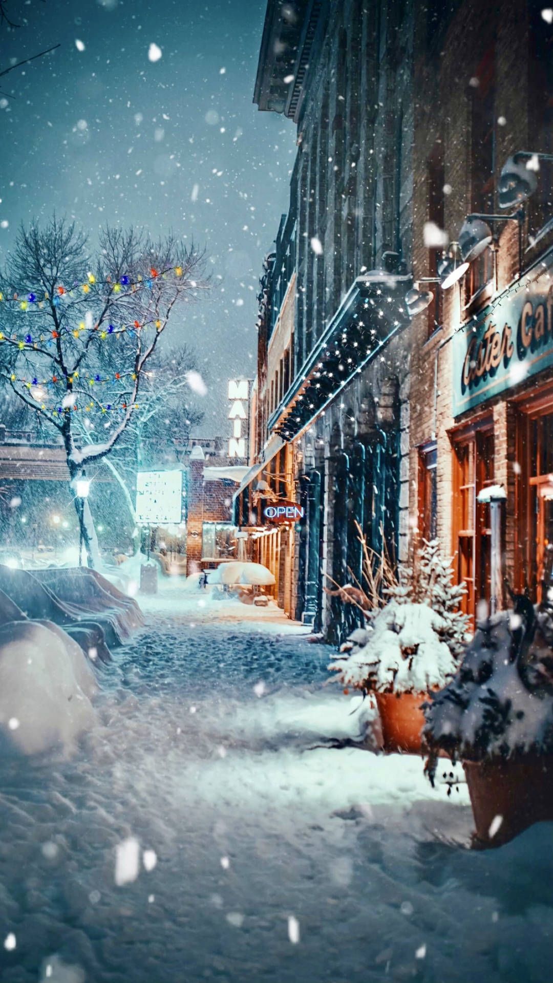 1080x1920 Download Cozy Winter Cafe And Shops Wallpaper